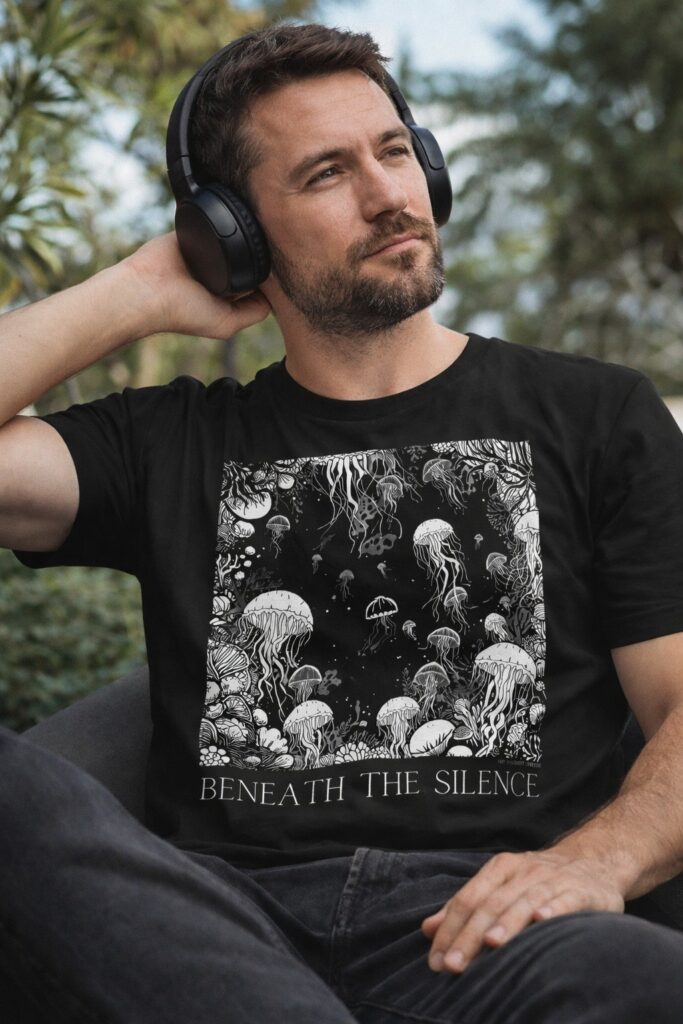 Lifestyle photo of the Beneath the Silence nautical graphic tee in black worn outdoors